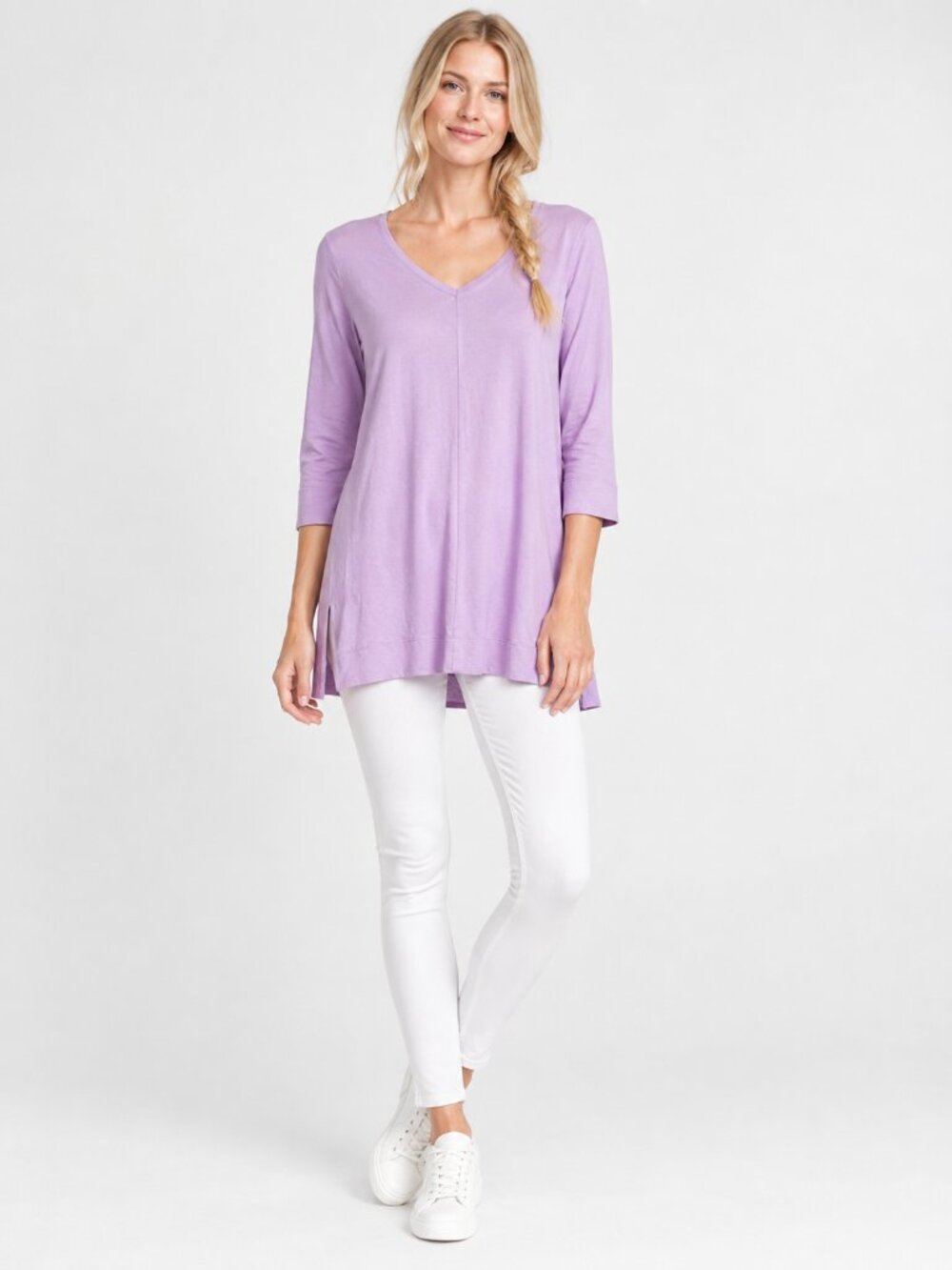 2/$30 Chico's The Ultimate Tee 3/4 Sleeve Tunic V-Neck T-Shirt Lilac 0 #A4631